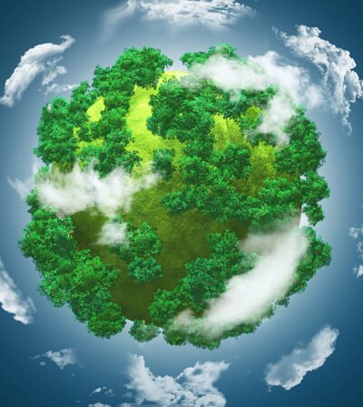 3D grassy globe with trees against a blue cloudy sky 3D grassy globe with trees against a blue cloudy sky